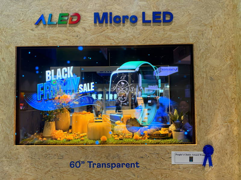 世界杯下单平台网站官网60吋高透明度Micro LED显示器获&rdquo;最佳Micro LED技术应用奖&rdquo;，将Micro LED面板透明化之设计特性极致发挥，以可扩展性无缝拼接技术打造，具备600 nits全画面亮度、大于60%穿透率及超过NTSC 110%的优异广色域表现，可依需求灵活应用于各种场域